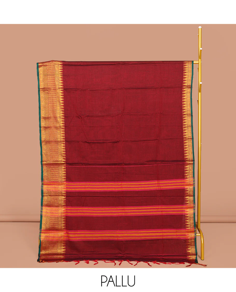 Red Plain Narayanpet Cotton Saree, Complemented by a Contrast Temple Traditional Zari Design Border, Striped Pallu, and Comes Without a Blouse - Image 2