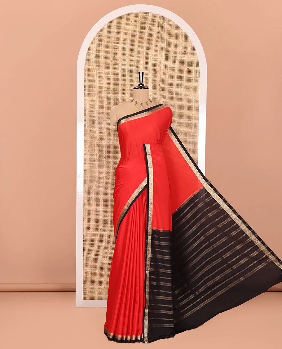 Red Plain Semi-Mysore Silk Saree, Complemented by a Contrast Traditional Zari Design Woven Border, Pallu Subtly Sparkled with Zari Stripes, and Paired with a Contrast Blouse - Image 2