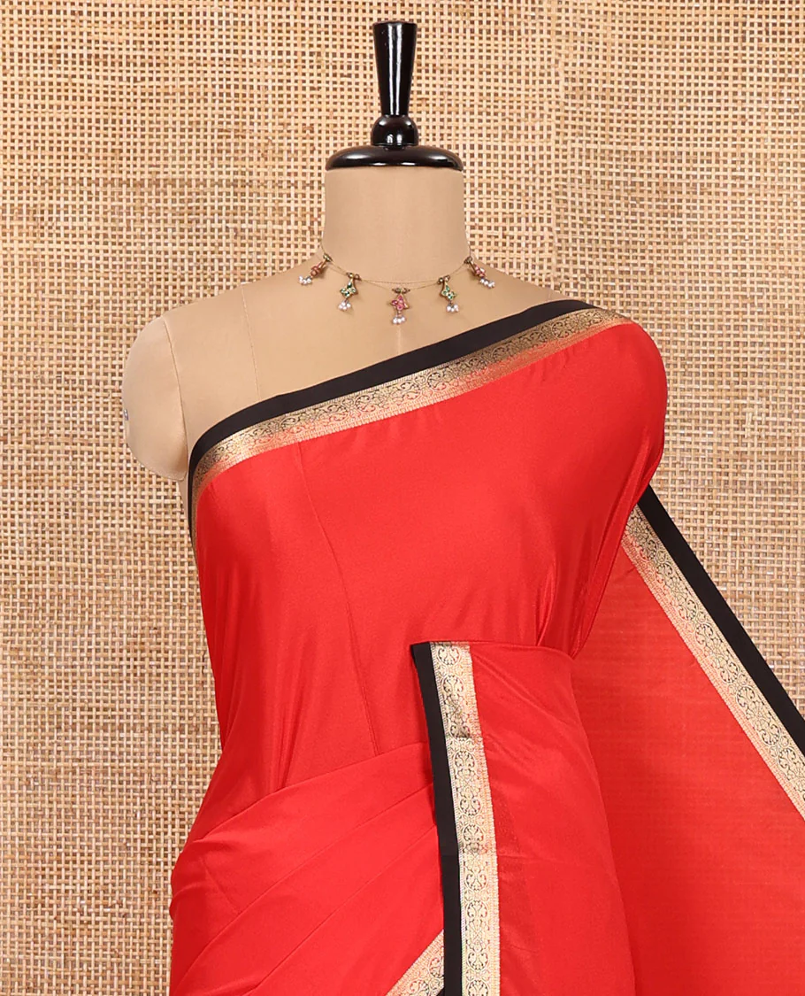 Red Plain Semi-Mysore Silk Saree, Complemented by a Contrast Traditional Zari Design Woven Border, Pallu Subtly Sparkled with Zari Stripes, and Paired with a Contrast Blouse - Image 3