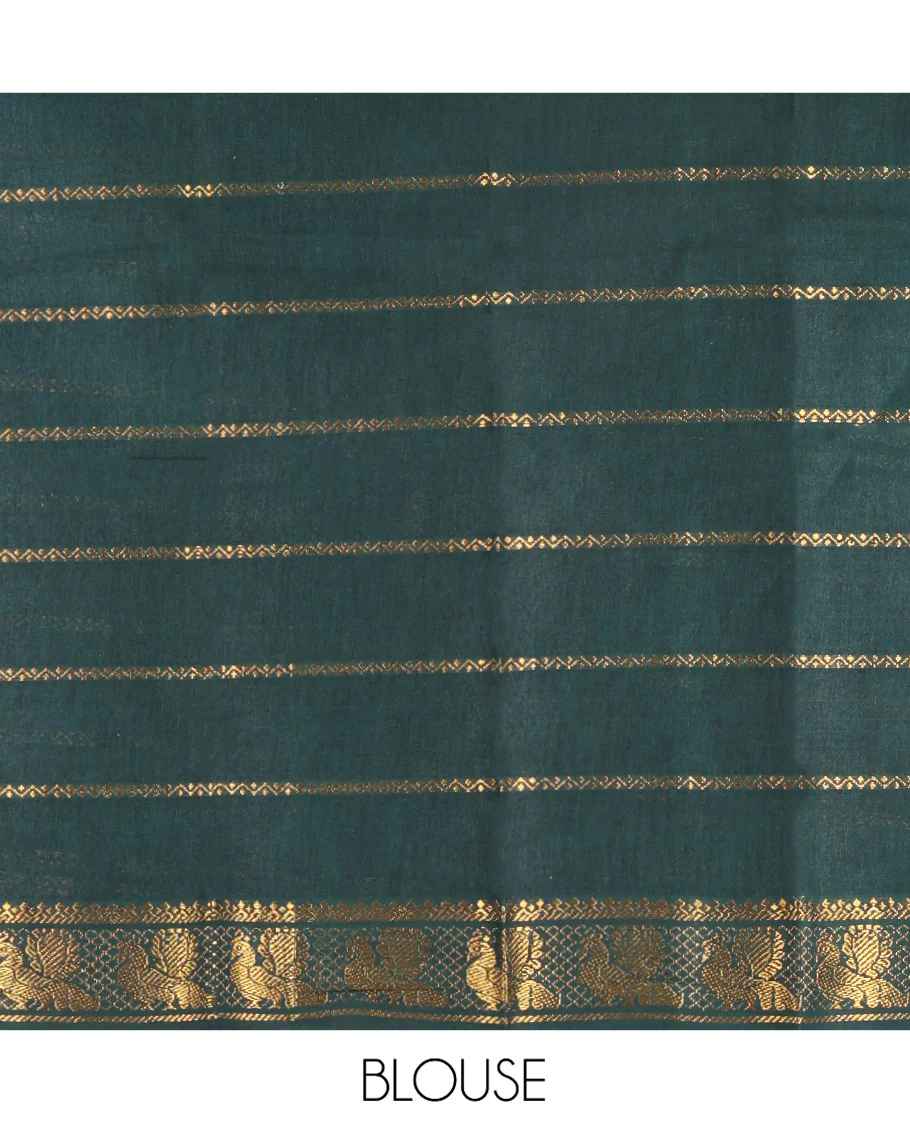 Red Plain Sungudi Cotton Saree, Highlighted by Traditional Zari Border of Peacock and Elephant Motifs Weave, Subtly Striped Pallu, and Paired with a Contrast Veldhari Design Blouse - Image 3