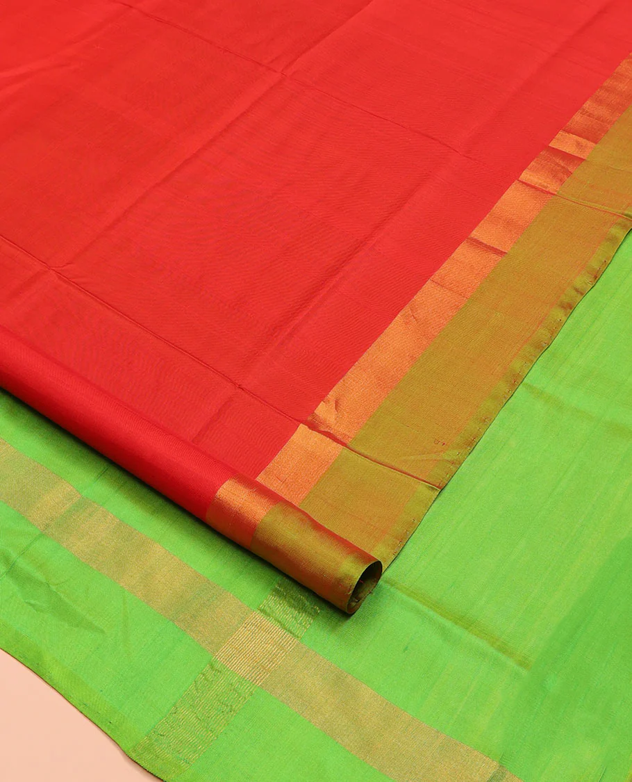 Red Plain Uppada Silk Saree, Complemented by a Contrast Plain Border, Pallu of Zari Designs, and Paired with a Contrast Blouse - Image 2