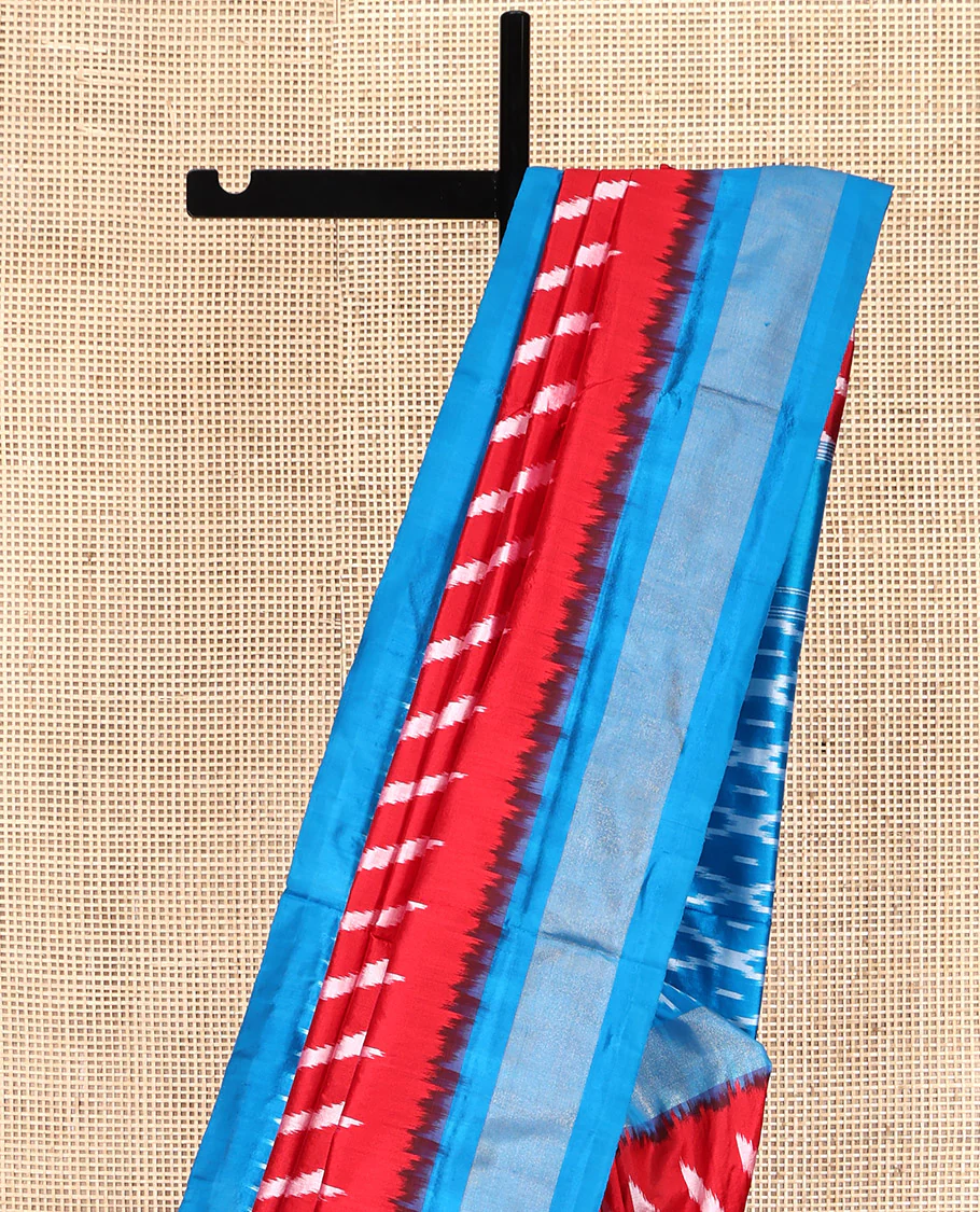 Red Pochampally Ikat Silk Saree, Delicately Woven with Stripes on Its Body, Complemented by a Contrast Border of Stripes, Pallu of Butta Enclosed Jaal Designs, and Paired with a Contrast Blouse - Image 3