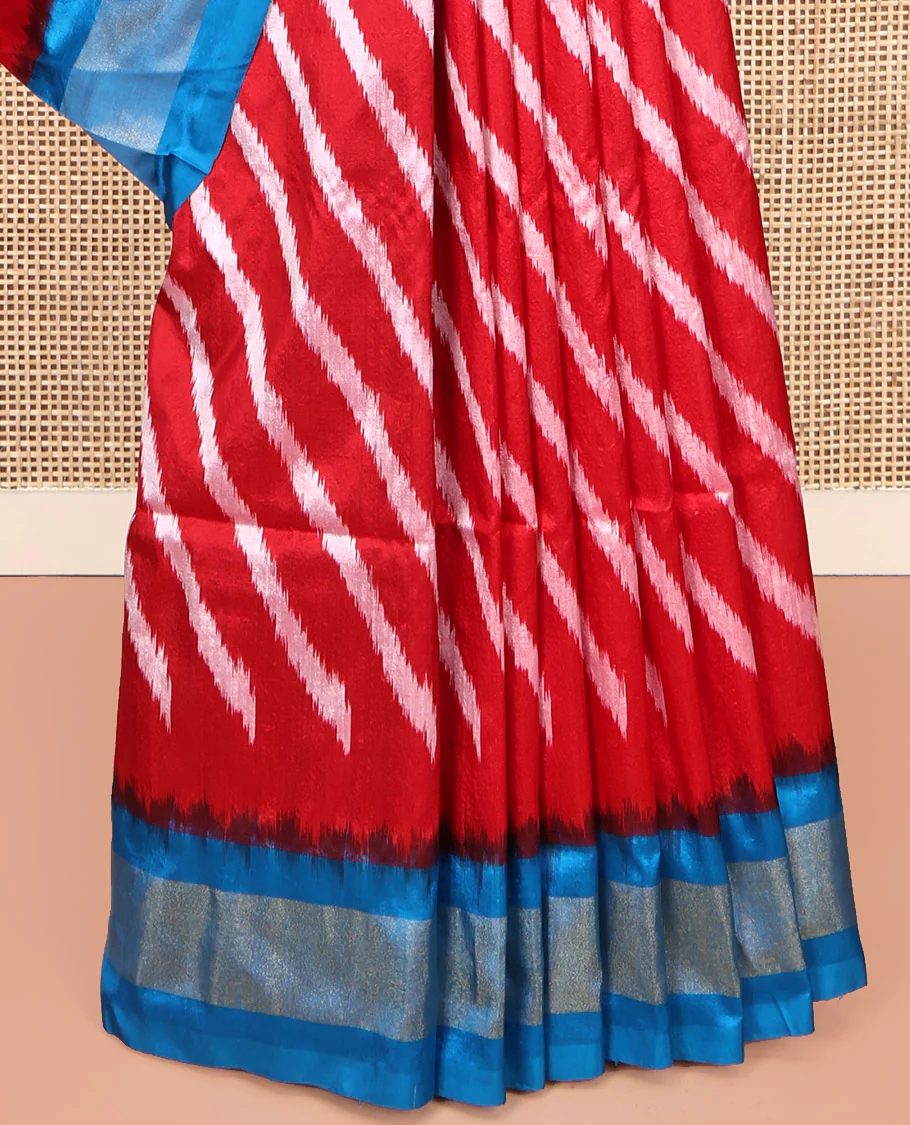Red Pochampally Ikat Silk Saree, Delicately Woven with Stripes on Its Body, Complemented by a Contrast Border of Stripes, Pallu of Butta Enclosed Jaal Designs, and Paired with a Contrast Blouse - Image 4