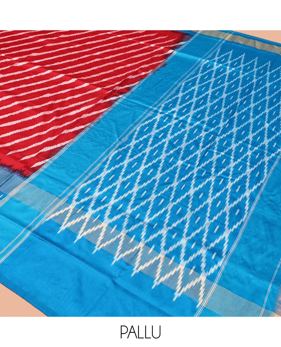 Red Pochampally Ikat Silk Saree, Delicately Woven with Stripes on Its Body, Complemented by a Contrast Border of Stripes, Pallu of Butta Enclosed Jaal Designs, and Paired with a Contrast Blouse - Image 5