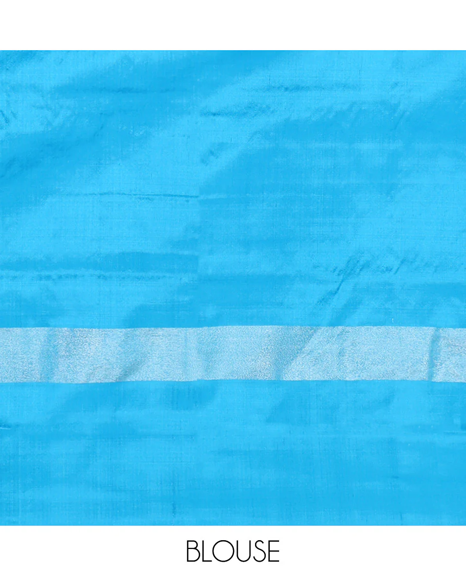 Red Pochampally Ikat Silk Saree, Delicately Woven with Stripes on Its Body, Complemented by a Contrast Border of Stripes, Pallu of Butta Enclosed Jaal Designs, and Paired with a Contrast Blouse - Image 6