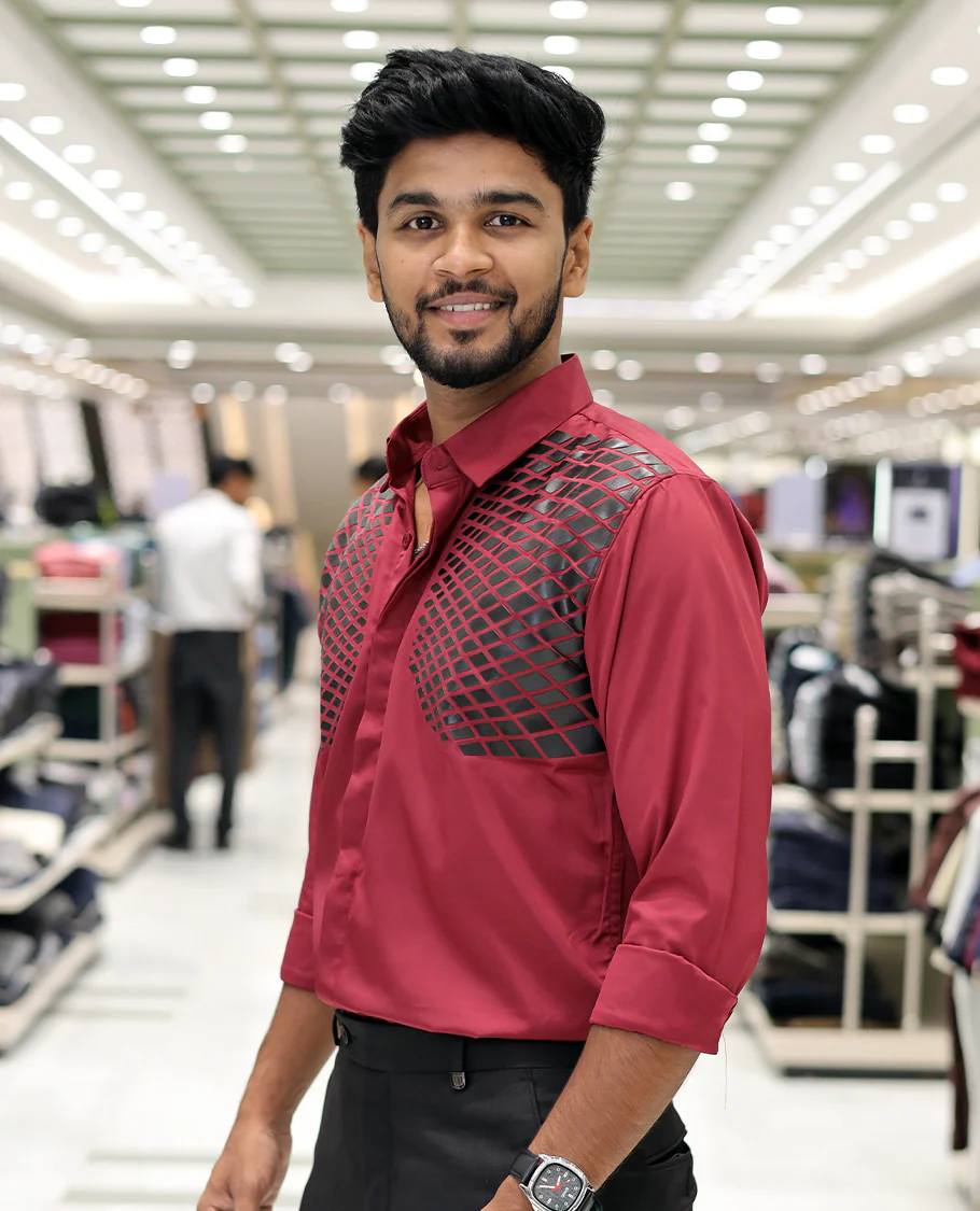 Red Poly-Blended Party Wear Shirt, Features Geometric Flock Print, Full Sleeves, Spread Collar, Slim Fit, and Regular Length - Image 2