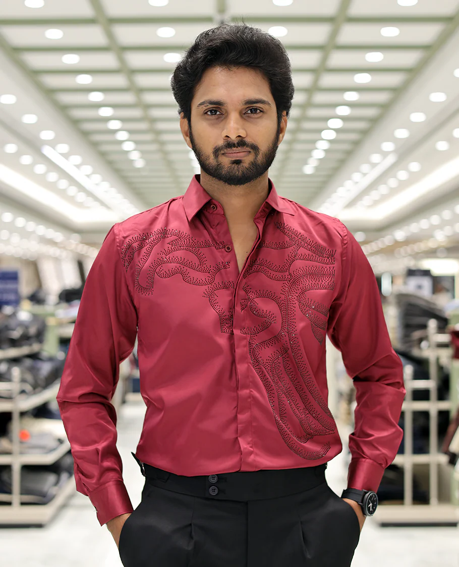 Red Poly-Blended Party Wear Shirt, Features Vines-Themed Stone Work, Full Sleeves, a Spread Collar, Slim Fit, and Regular Length