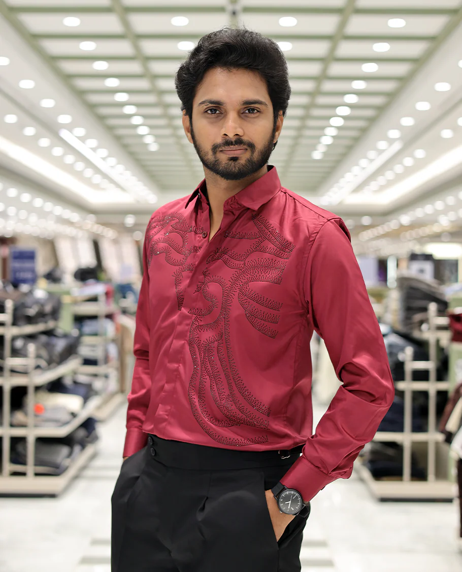 Red Poly-Blended Party Wear Shirt, Features Vines-Themed Stone Work, Full Sleeves, a Spread Collar, Slim Fit, and Regular Length - Image 2