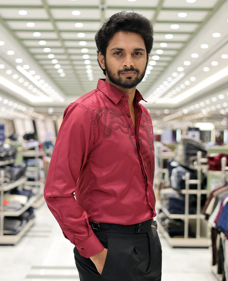 Red Poly-Blended Party Wear Shirt, Features Vines-Themed Stone Work, Full Sleeves, a Spread Collar, Slim Fit, and Regular Length - Image 3