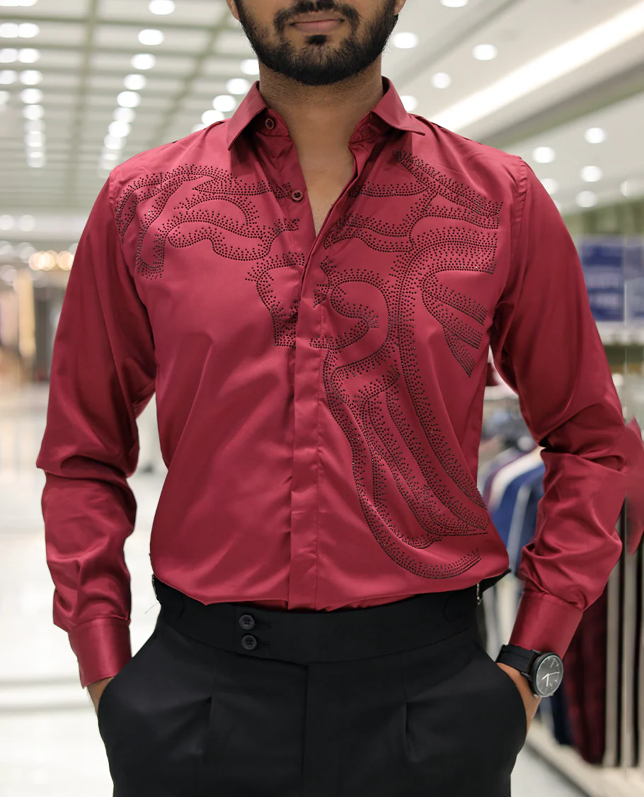 Red Poly-Blended Party Wear Shirt, Features Vines-Themed Stone Work, Full Sleeves, a Spread Collar, Slim Fit, and Regular Length - Image 5
