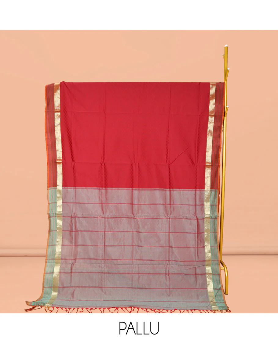 Red Poly Cotton Saree, Sparsely Sparkled with Checks, Complemented by a Contrast Traditional Zari Border, Contrast Striped Pallu, and Paired with a Contrast Blouse - Image 2