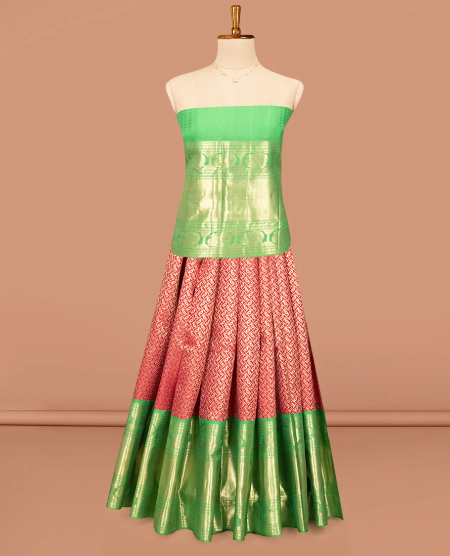 Red Pure Silk Half-Saree, Boldly Accentuated with Jacquard Design on Its Skirt, Complemented by a Contrast Border of Rekku, Banaras, Muthu, Rudaksham, and Mayil Designs, Comes with a Contrast Blouse and a Dhavani of Jaal Designs - Image 3