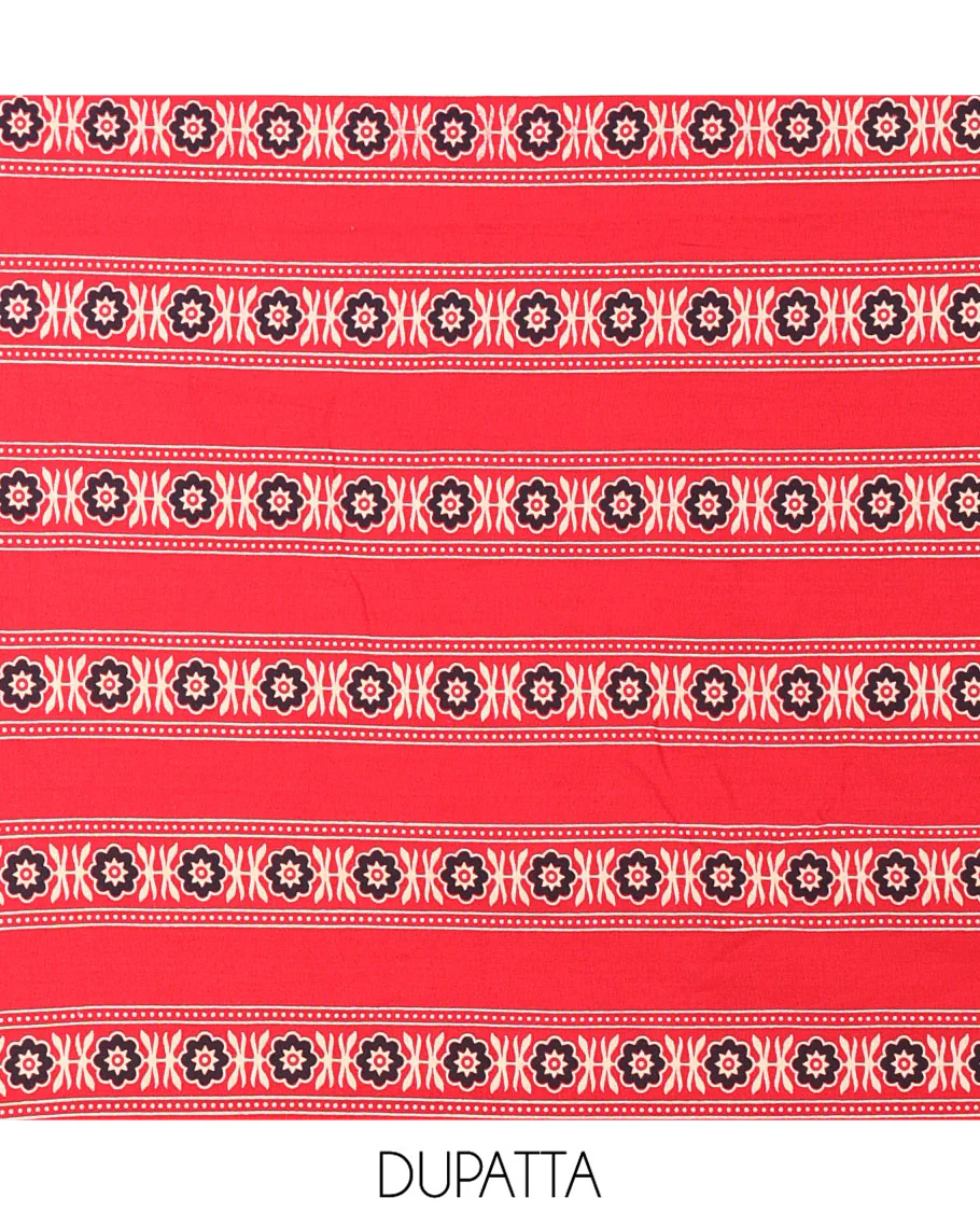 Red Rayon Material Chudidhar Set, Adorned with Ajrakh-Style Floral Printed Top, Elegantly Printed Bottom, and Rayon Dupatta of Ajrakh-Style Floral and Tree Motifs Print - Image 4