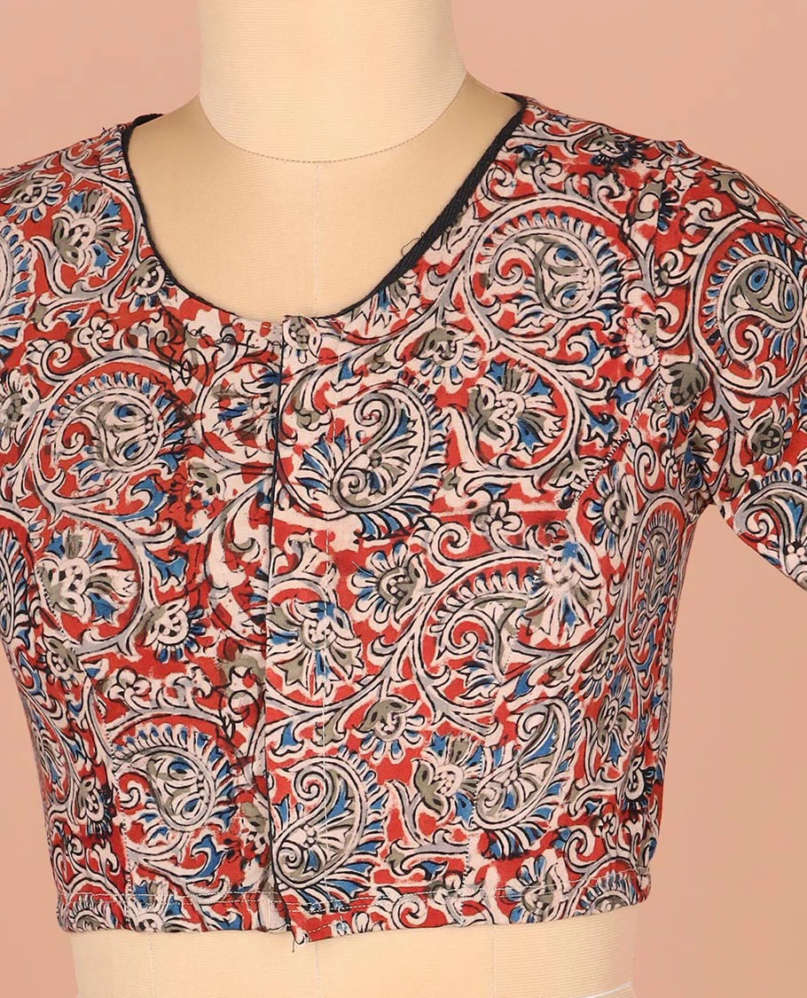 Red Readymade Blouse Finely Detailed with Floral-Paisley Motifs Print, Featuring Front Round Neck, Back Closed Neck, and Elbow Sleeves - Image 3