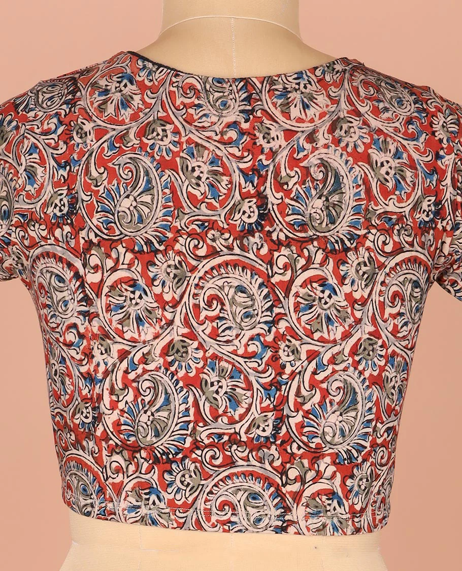Red Readymade Blouse Finely Detailed with Floral-Paisley Motifs Print, Featuring Front Round Neck, Back Closed Neck, and Elbow Sleeves - Image 4