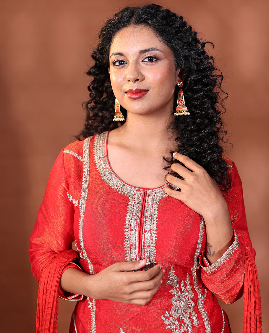 Red Readymade Suit Featuring an Intricately Embroidered Round Neck 3/4th Sleeve Straight-Cut Top, Floral-Embroidered Scallop-Cut Sharara Pants, and a Crushed Dupatta - Image 3