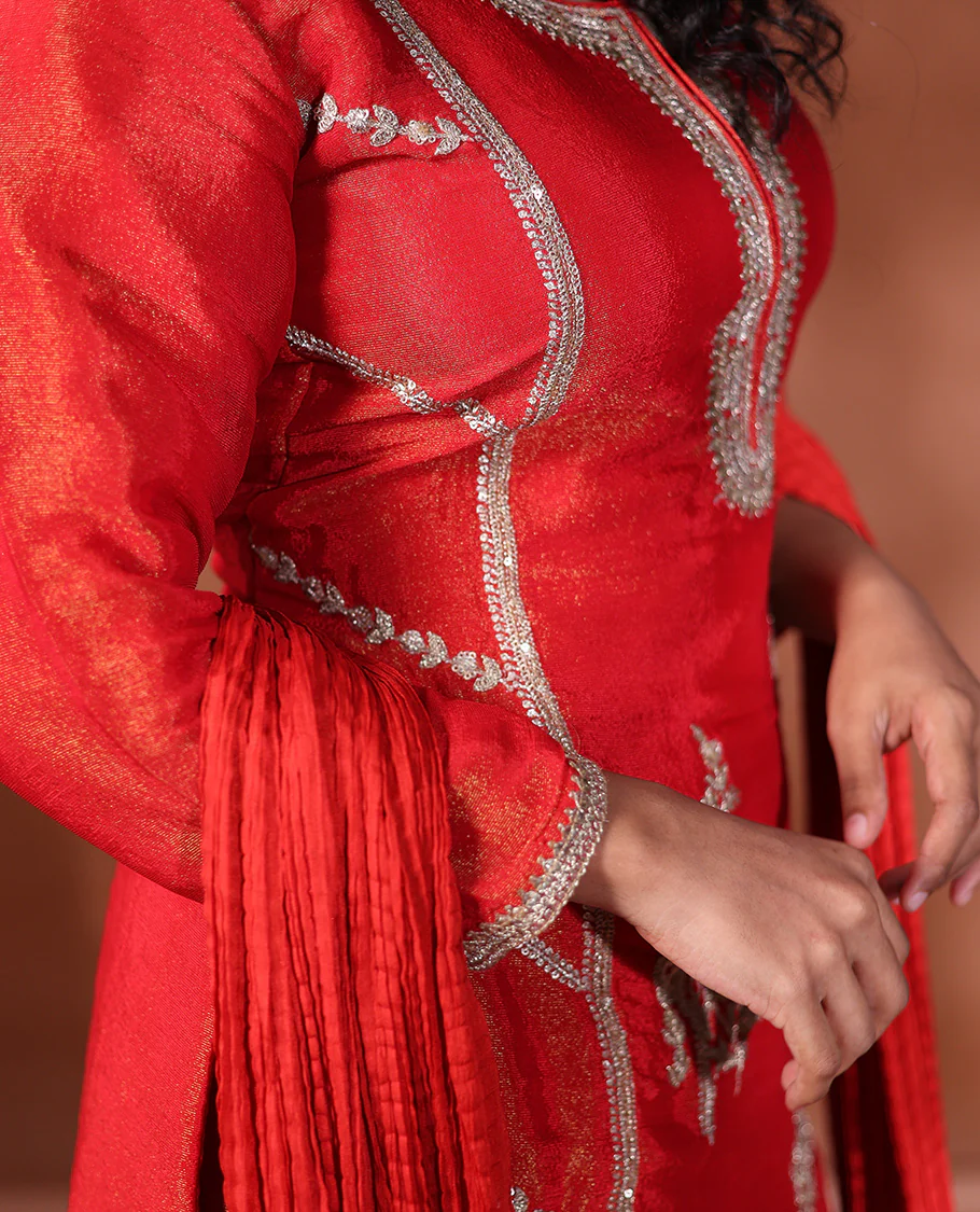 Red Readymade Suit Featuring an Intricately Embroidered Round Neck 3/4th Sleeve Straight-Cut Top, Floral-Embroidered Scallop-Cut Sharara Pants, and a Crushed Dupatta - Image 4