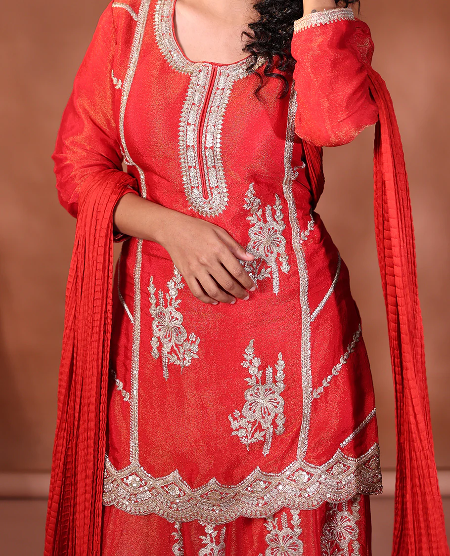 Red Readymade Suit Featuring an Intricately Embroidered Round Neck 3/4th Sleeve Straight-Cut Top, Floral-Embroidered Scallop-Cut Sharara Pants, and a Crushed Dupatta - Image 5