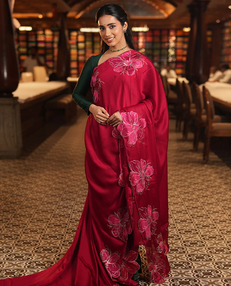 Red Satin Organza Saree, Steeped in the Prettiness of Floral Embroidery, Floral Embroidered Scallop Border, and a Matching Blouse