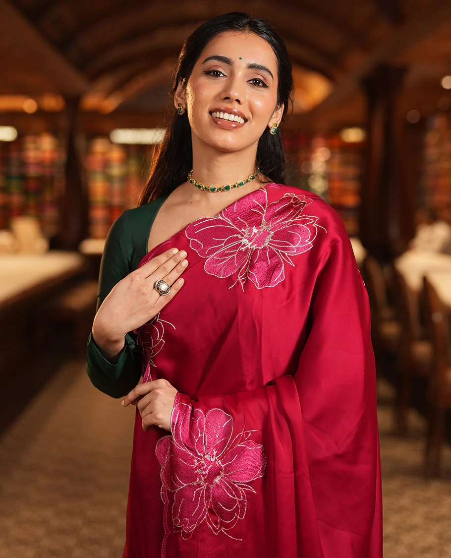 Red Satin Organza Saree, Steeped in the Prettiness of Floral Embroidery, Floral Embroidered Scallop Border, and a Matching Blouse - Image 2