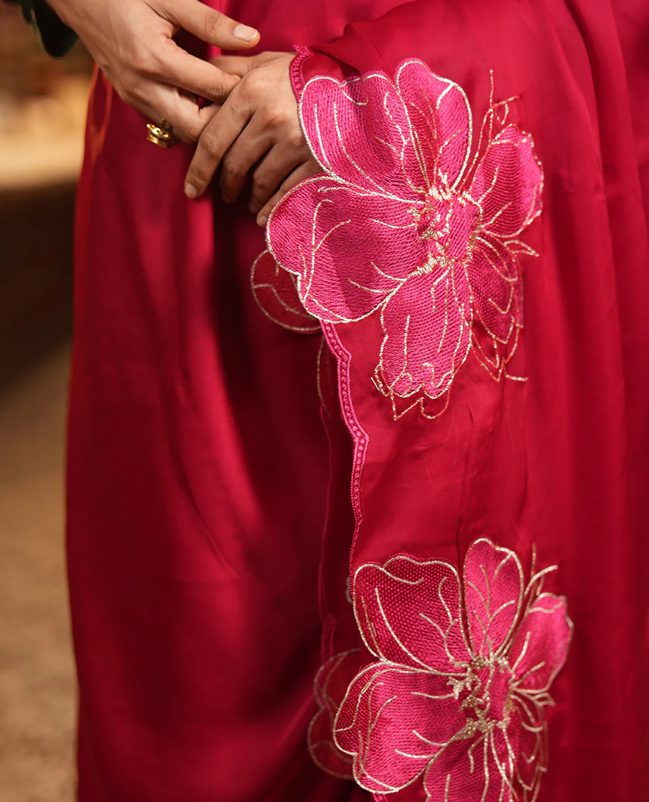 Red Satin Organza Saree, Steeped in the Prettiness of Floral Embroidery, Floral Embroidered Scallop Border, and a Matching Blouse - Image 3