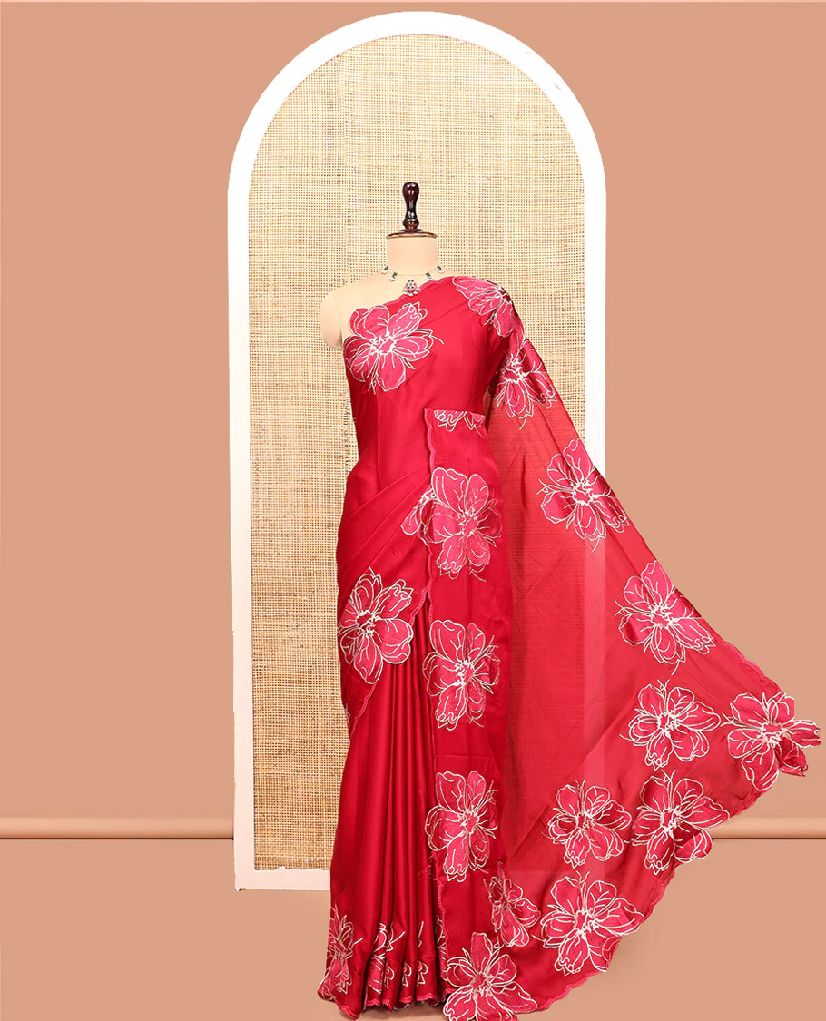 Red Satin Organza Saree, Steeped in the Prettiness of Floral Embroidery, Floral Embroidered Scallop Border, and a Matching Blouse - Image 4