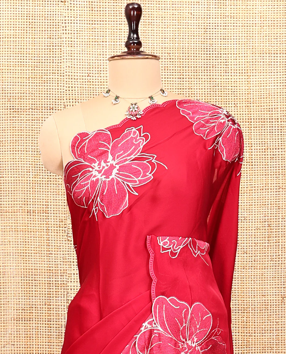 Red Satin Organza Saree, Steeped in the Prettiness of Floral Embroidery, Floral Embroidered Scallop Border, and a Matching Blouse - Image 5