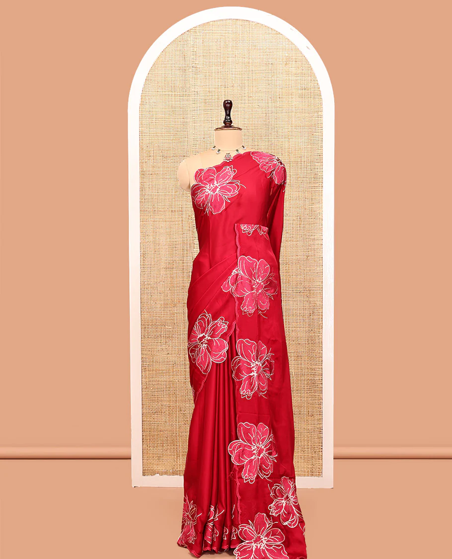 Red Satin Organza Saree, Steeped in the Prettiness of Floral Embroidery, Floral Embroidered Scallop Border, and a Matching Blouse - Image 6