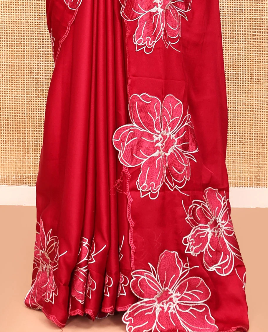 Red Satin Organza Saree, Steeped in the Prettiness of Floral Embroidery, Floral Embroidered Scallop Border, and a Matching Blouse - Image 7
