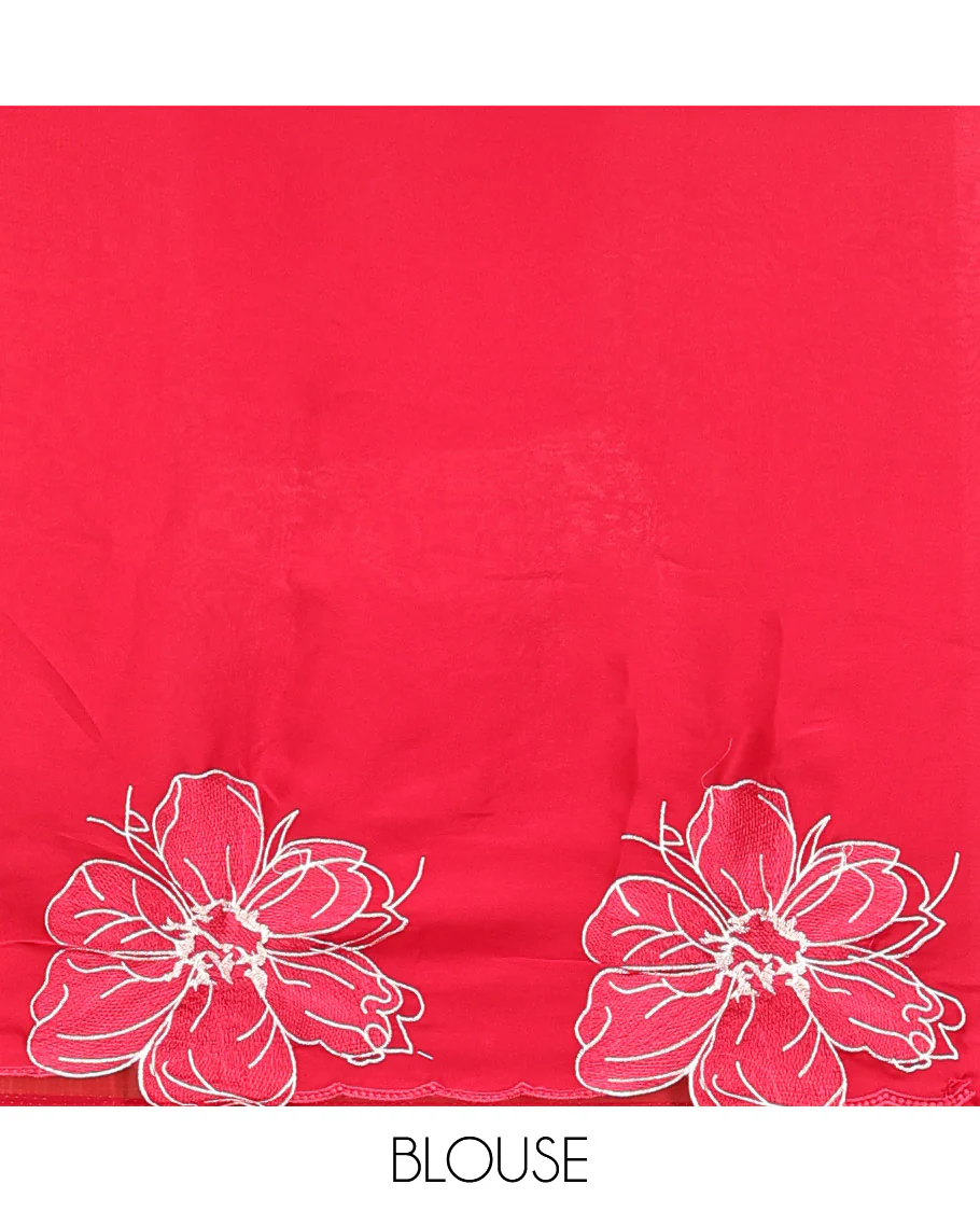 Red Satin Organza Saree, Steeped in the Prettiness of Floral Embroidery, Floral Embroidered Scallop Border, and a Matching Blouse - Image 8