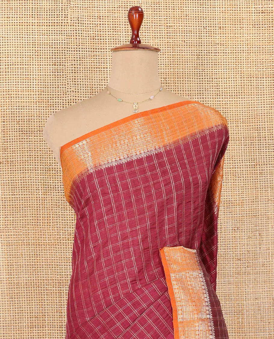 Red Semi-Banarasi Dupion Saree, Adorned with Checks, Complemented by a Contrast Traditional Design Border, Striped Pallu, and Paired with a Contrast Blouse - Image 2