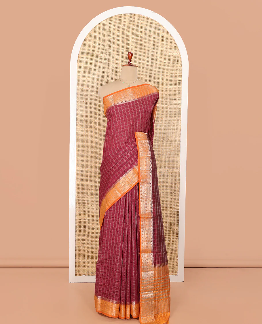 Red Semi-Banarasi Dupion Saree, Adorned with Checks, Complemented by a Contrast Traditional Design Border, Striped Pallu, and Paired with a Contrast Blouse - Image 3