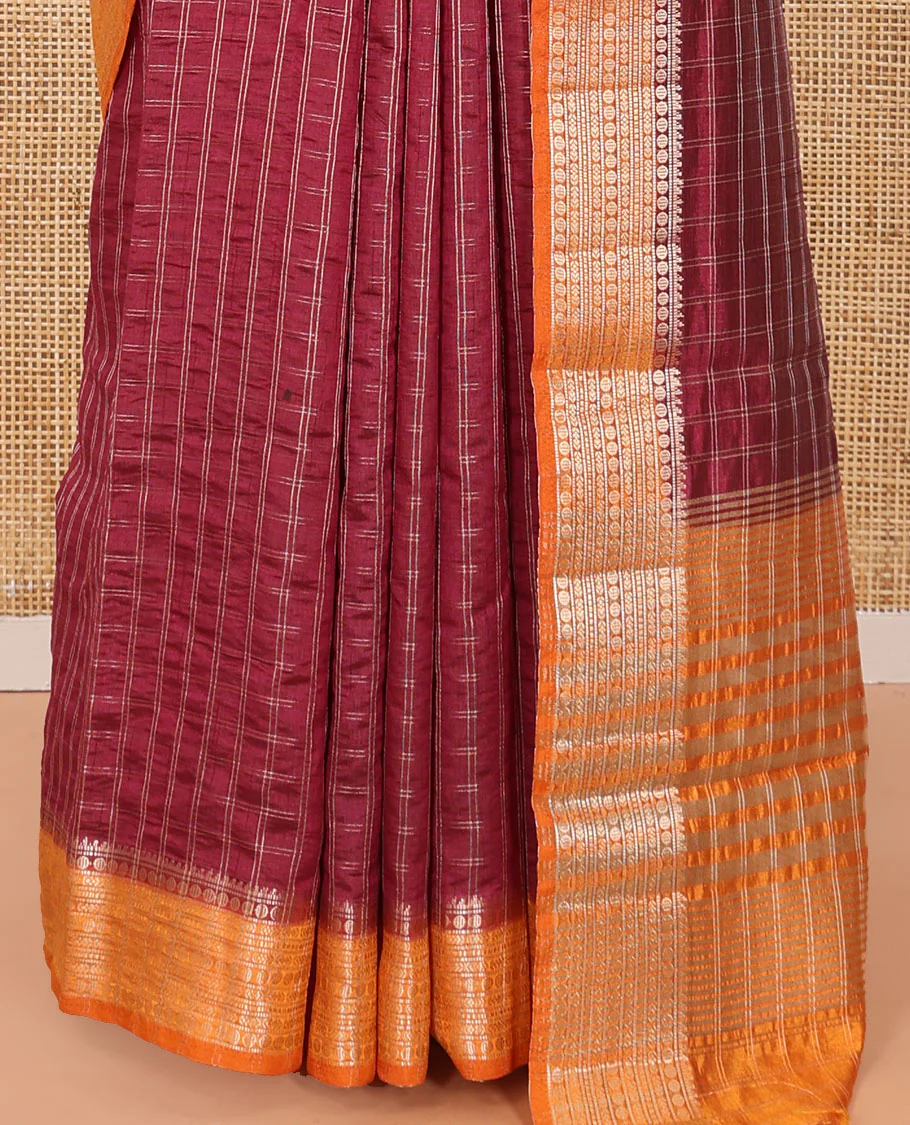 Red Semi-Banarasi Dupion Saree, Adorned with Checks, Complemented by a Contrast Traditional Design Border, Striped Pallu, and Paired with a Contrast Blouse - Image 4