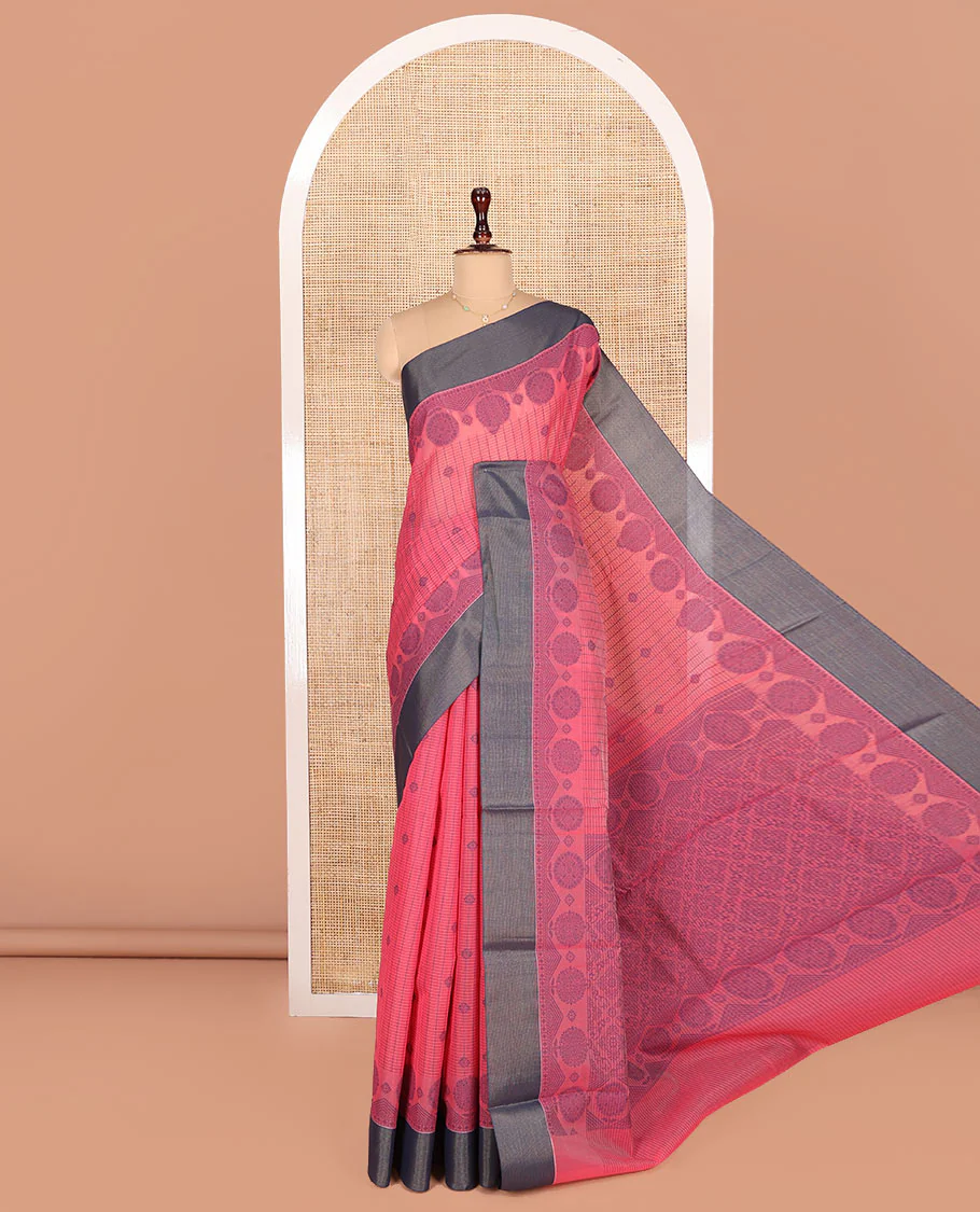 Red Semi-Silk Cotton Saree, Accentuated with Stripes and Buttas All Over Its Body, Complemented by Contrast Border, Pallu of Intricate Designs, and Paired with a Matching Blouse