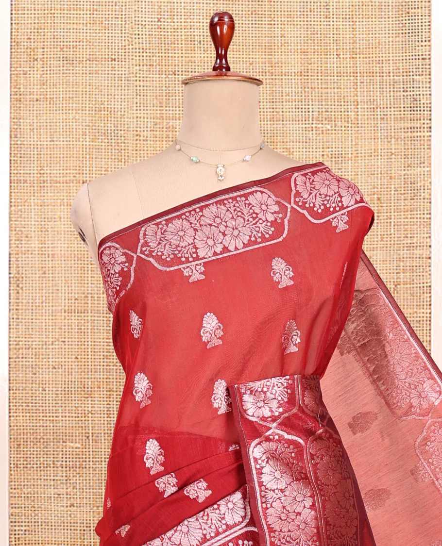 Red Semi-Silk Cotton Saree, Adorned with Zari Buttas All Over Its Body, a Subtle Border of Floral Designs, Grand Jaal Pallu, and Paired with a Matching Blouse - Image 2