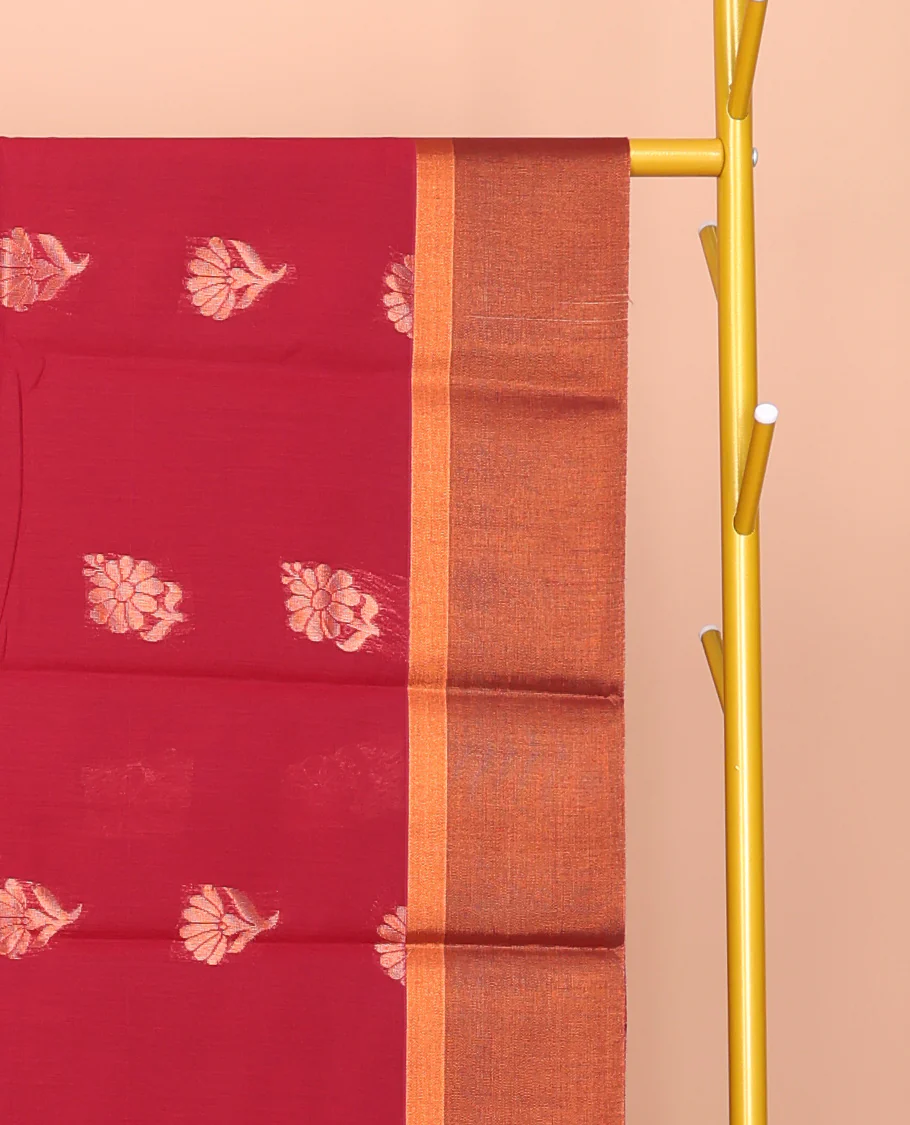 Red Semi-Silk Cotton Saree, Beautifully Bedecked with Zari Buttas All Over Its Body, Complemented by a Contrast Zari Border, Intricately Designed Pallu, and Paired with a Matching Blouse - Image 2
