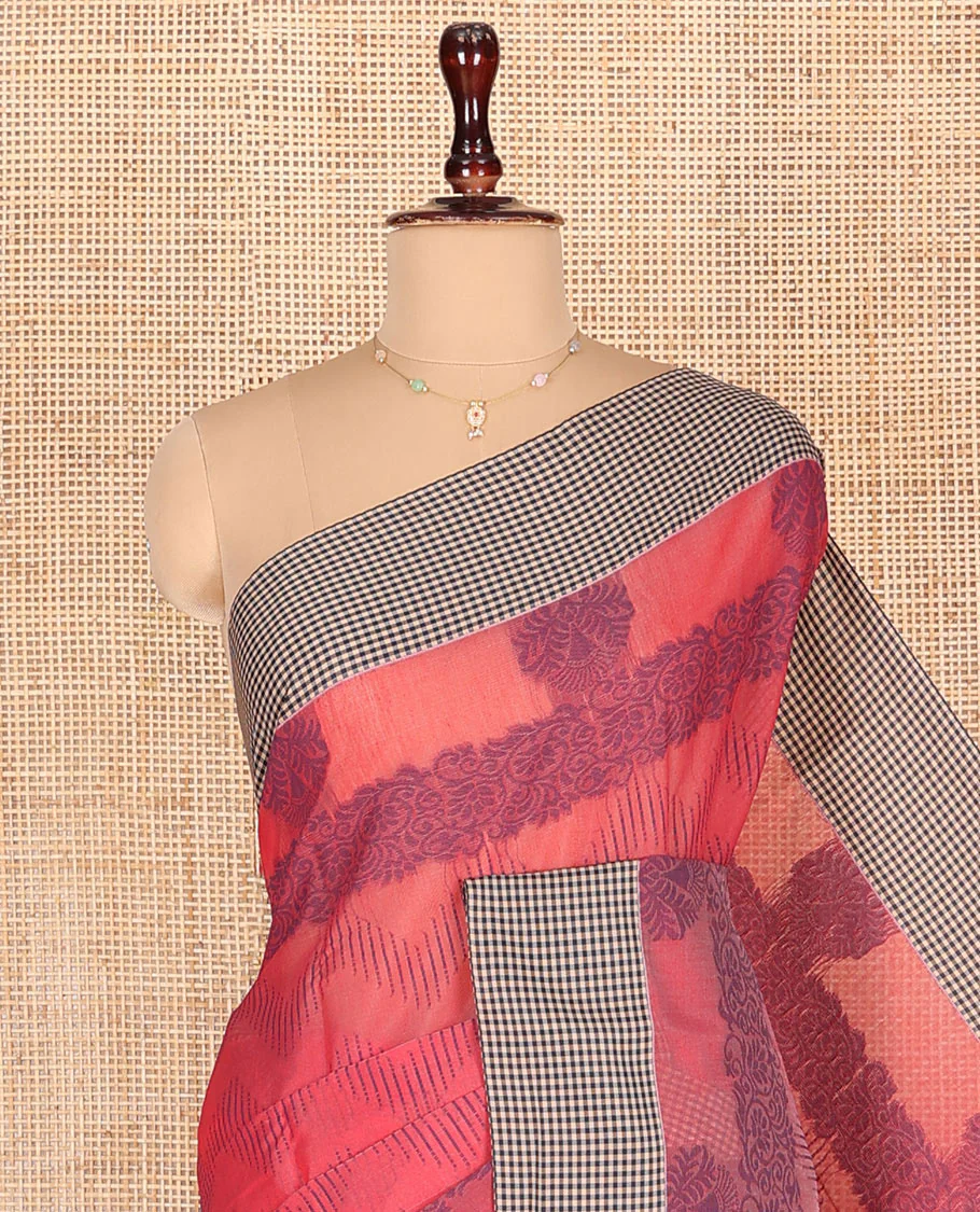 Red Semi-Silk Cotton Saree, Decked Up with Chevron Stripes All Over Its Body, Complemented by Contrast Micro-Checked Border, Pallu of Jaal Designs, and paired with a Matching Blouse - Image 2