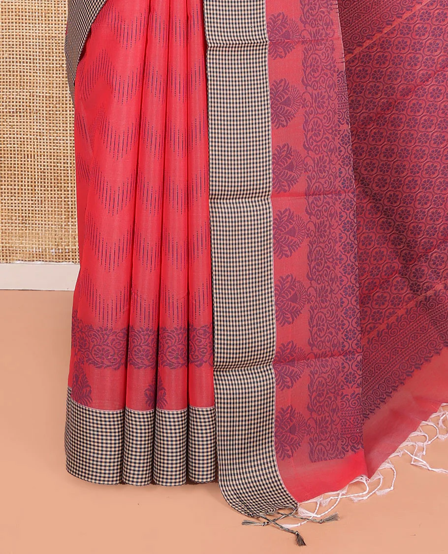 Red Semi-Silk Cotton Saree, Decked Up with Chevron Stripes All Over Its Body, Complemented by Contrast Micro-Checked Border, Pallu of Jaal Designs, and paired with a Matching Blouse - Image 3
