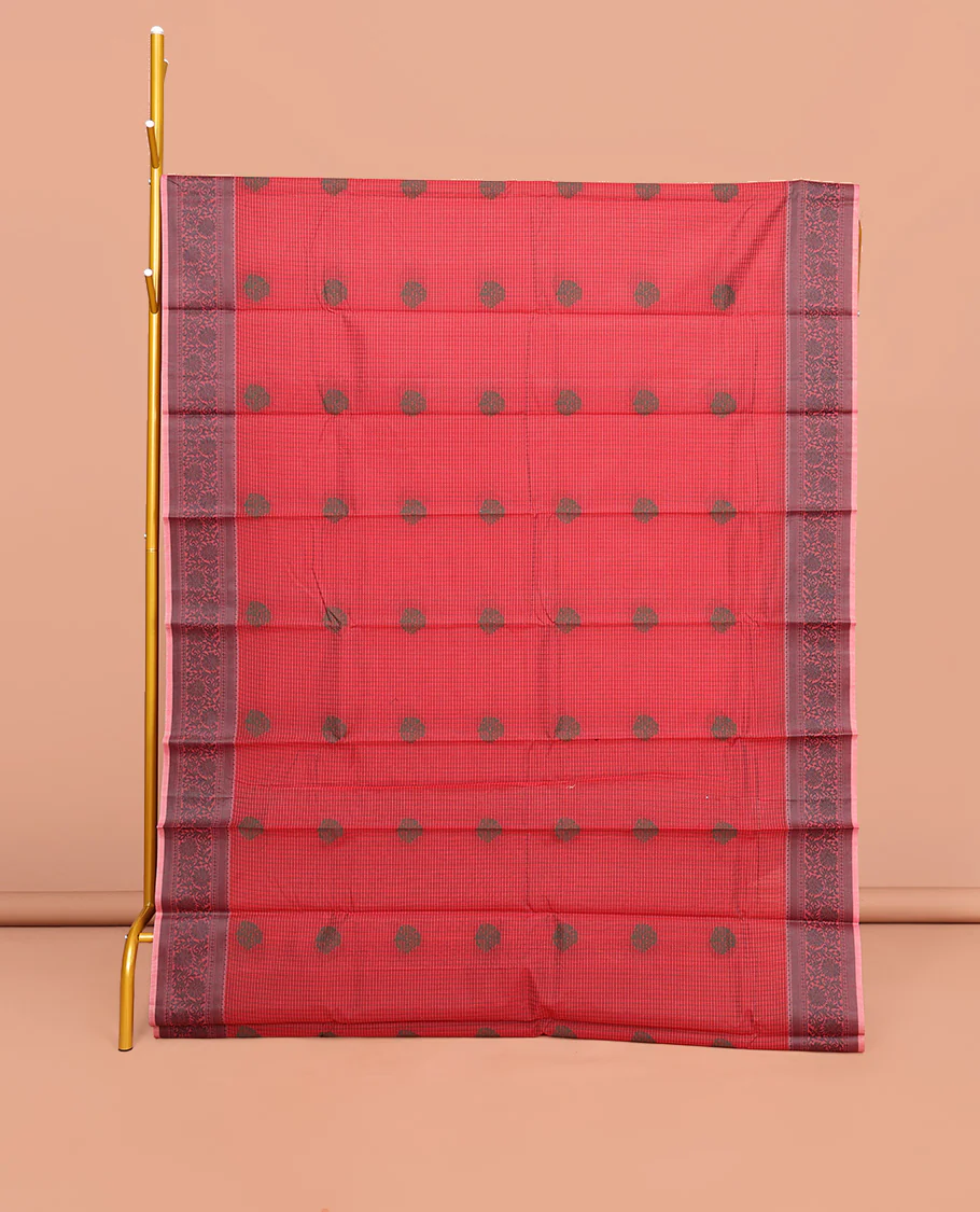 Red Semi-Silk Cotton Saree, Delicately Designed with Buttas All Over Its Body, Contrast Floral Design Border, Sparsely Woven Pallu, and Paired with a Matching Blouse