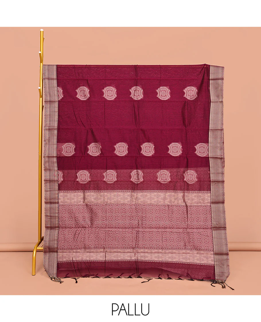 Red Semi-Silk Cotton Saree, Delicately Designed with Buttas All Over Its Body, Subtle Traditional Design Self-Border, Intricately Designed Pallu, and Paired with a Matching Blouse - Image 2