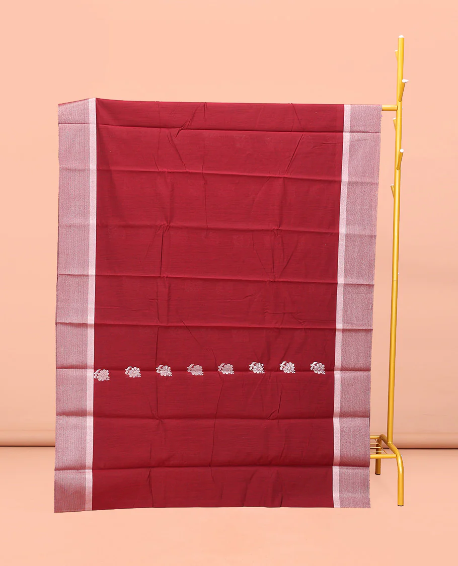 Red Semi-Silk Cotton Saree, Elegantly Highlighted with Floral Zari Buttas on Its Body, Highlighted by a Self-Border, Pallu Features Floral Designs, and Paired with a Matching Blouse