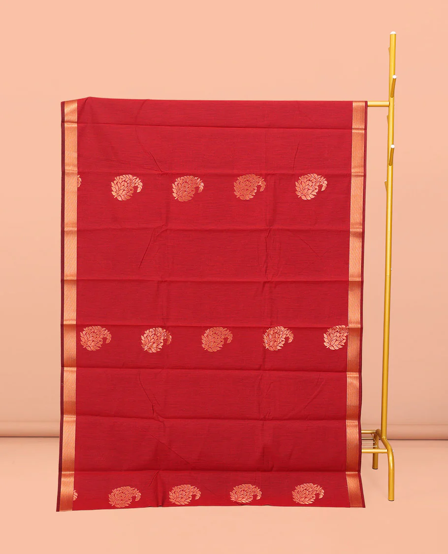 Red Semi-Silk Cotton Saree, Elevated with Paisley Zari Buttas All Over Its Body, Highlighted by a Zari Border, Pallu of Floral and Paisley Design, and Paired with a Matching Blouse