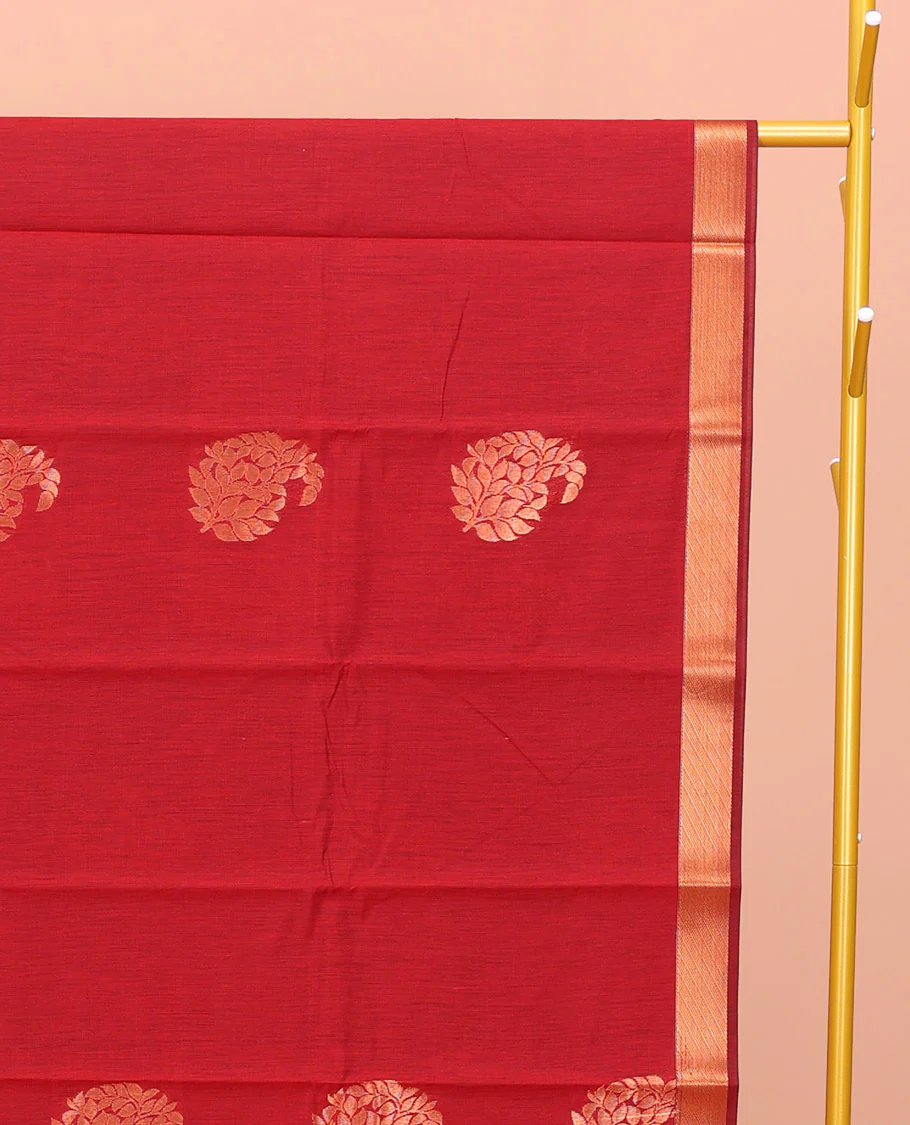 Red Semi-Silk Cotton Saree, Elevated with Paisley Zari Buttas All Over Its Body, Highlighted by a Zari Border, Pallu of Floral and Paisley Design, and Paired with a Matching Blouse - Image 2