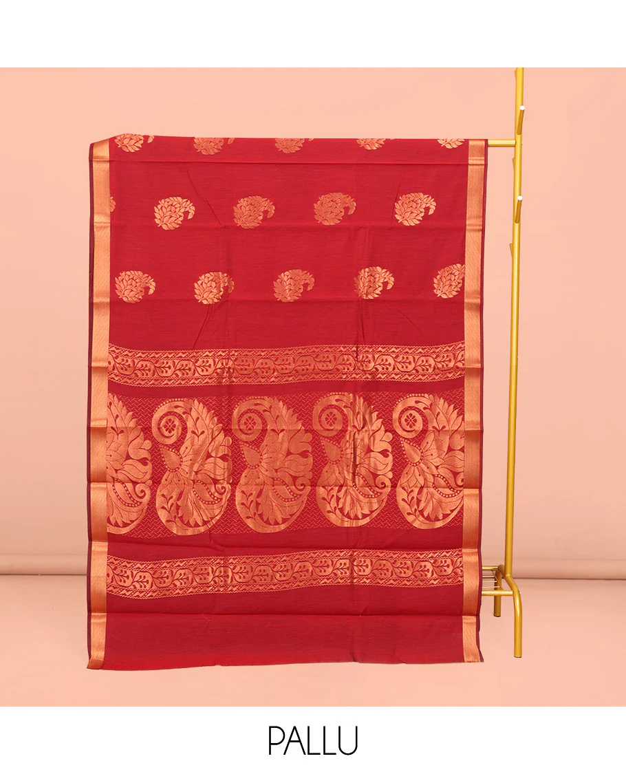 Red Semi-Silk Cotton Saree, Elevated with Paisley Zari Buttas All Over Its Body, Highlighted by a Zari Border, Pallu of Floral and Paisley Design, and Paired with a Matching Blouse - Image 3