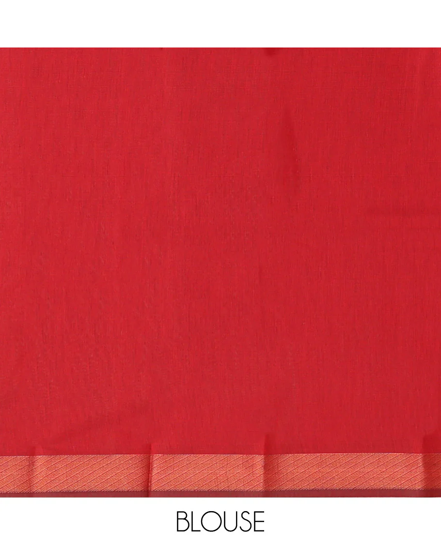 Red Semi-Silk Cotton Saree, Elevated with Paisley Zari Buttas All Over Its Body, Highlighted by a Zari Border, Pallu of Floral and Paisley Design, and Paired with a Matching Blouse - Image 4