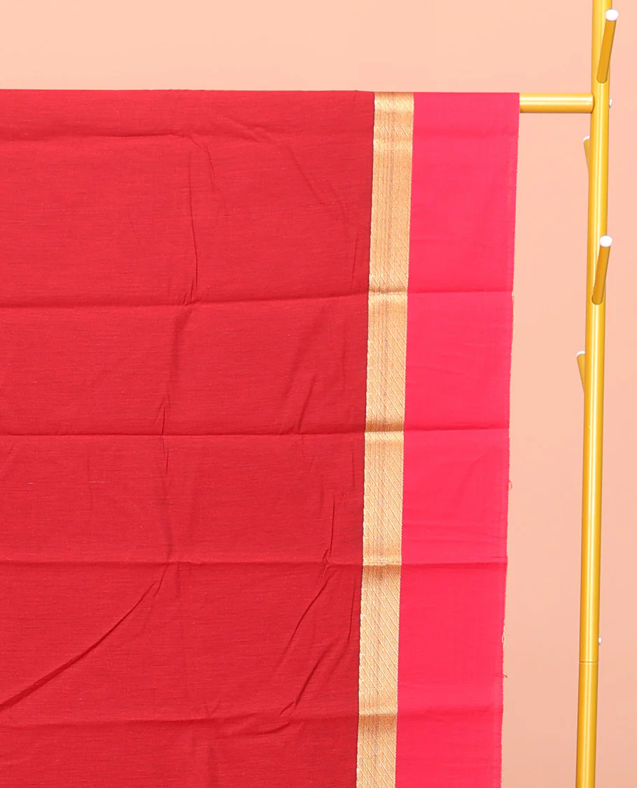 Red Semi-Silk Cotton Saree, Graced with Peacock Buttas All Over Its Body, Complemented by a Contrast Border  of Peacock Designs, Pallu Steeped with Peacock Zari Design, and Paired with a Contrast Blouse - Image 2