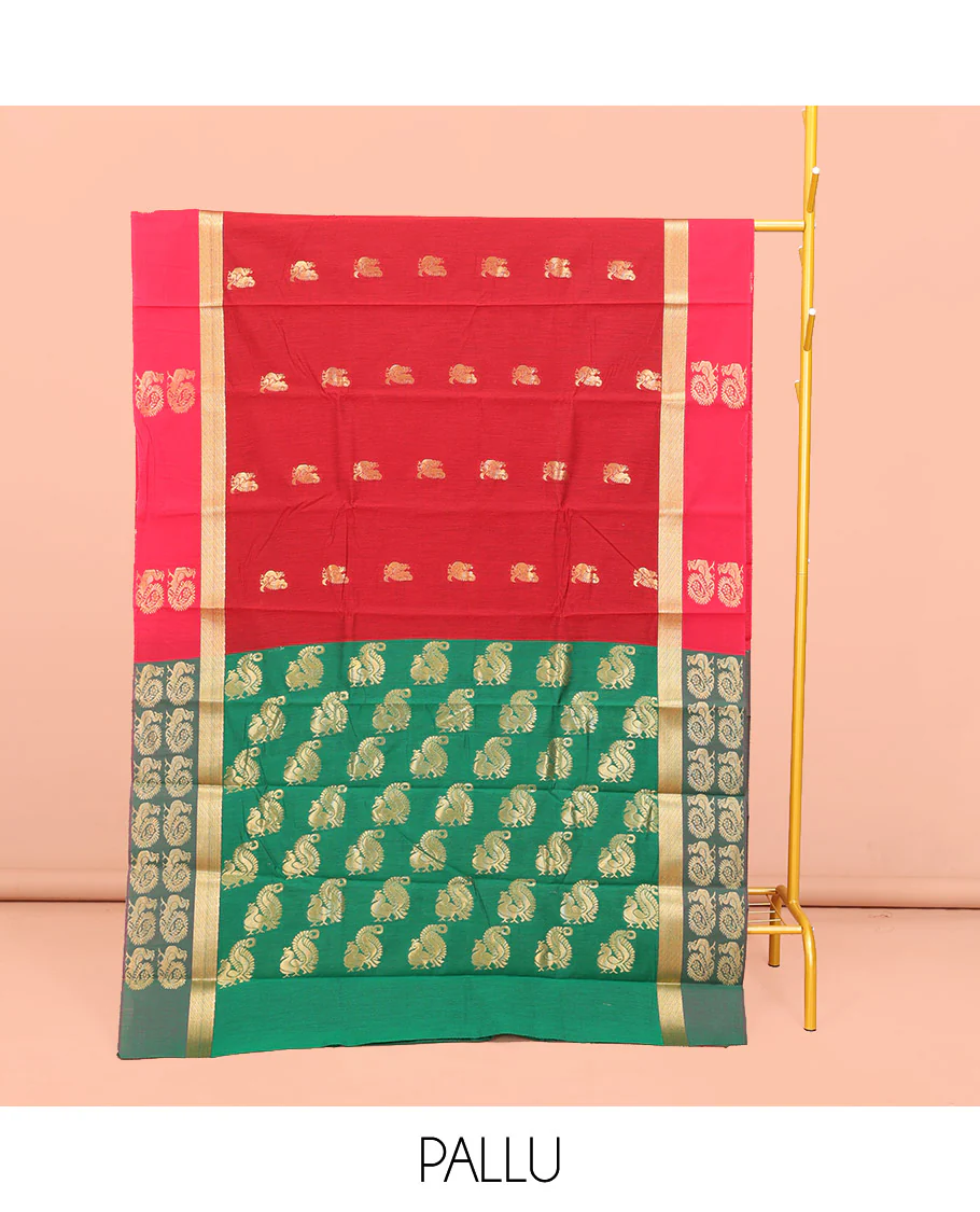 Red Semi-Silk Cotton Saree, Graced with Peacock Buttas All Over Its Body, Complemented by a Contrast Border  of Peacock Designs, Pallu Steeped with Peacock Zari Design, and Paired with a Contrast Blouse - Image 3
