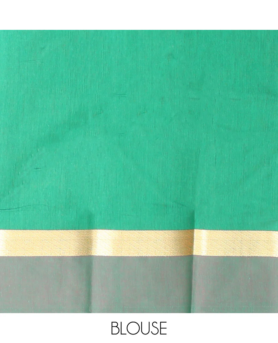 Red Semi-Silk Cotton Saree, Graced with Peacock Buttas All Over Its Body, Complemented by a Contrast Border  of Peacock Designs, Pallu Steeped with Peacock Zari Design, and Paired with a Contrast Blouse - Image 4