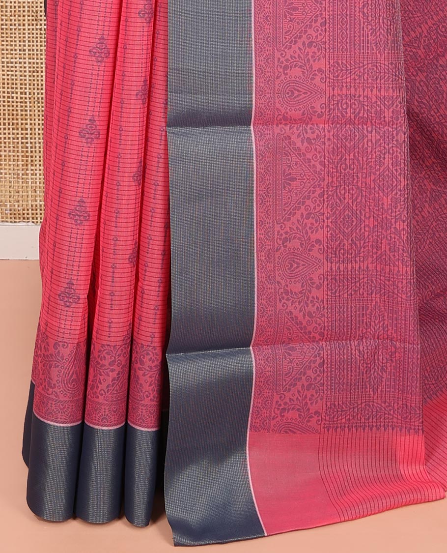 Red Semi-Silk Cotton Saree, Sparsely Woven with Buttas and Geometric Designs All Over Its Body, Complemented by Contrast Border, Sparsely Woven Pallu of Geometric Designs, and Paired with a Matching Blouse - Image 3