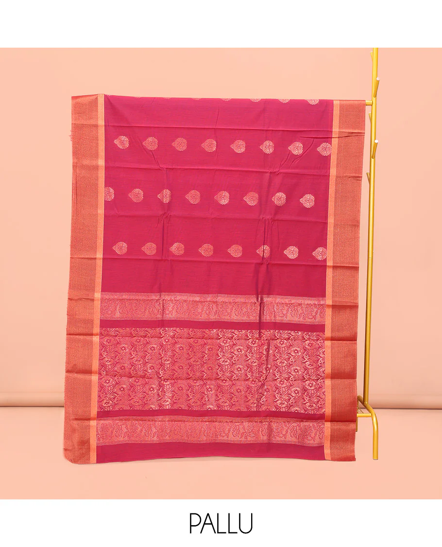Red Semi-Silk Cotton Saree, Steeped with Zari Buttas on Its Body, Complemented by Contrast Border, Pallu Features Intricate Designs, and Paired with a Matching Blouse - Image 3
